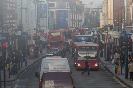 Air pollution and traffic in Putney high street on 3 January 2017, one of London’s worst pollution hotspots