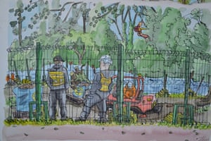 A drawing by Jimbino Vegan of a protest at Denham last summer. It shows a digger getting stuck in the mud while an activist abseils from a tree.