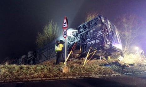 The overturned coach at junction 7 of the M40.