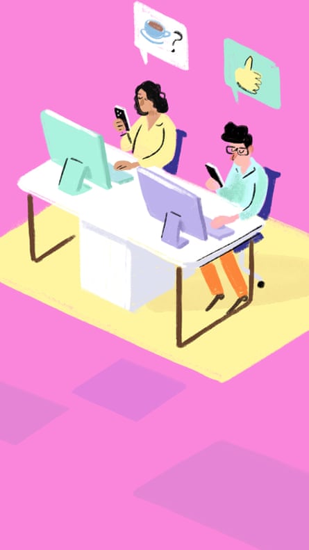 Illustration of two colleagues sitting next to each other and messaging on their phones