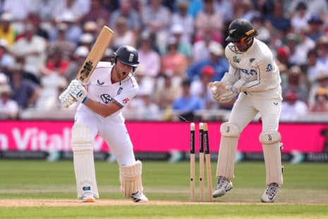 England’s Ben Stokes (left) is bowled out by New Zealand’s Zak Foulkes.