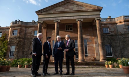 L-R: Former Irish taoiseach Bertie Ahern, British prime minister, Rishi Sunak, former US president Bill Clinton and former British PM Sir Tony Blair outside Hillsborough Castle during the 25th anniversary of the Good Friday agreement in April.