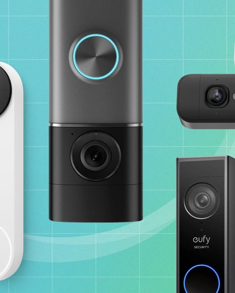 Four different video doorbell devices with cameras are arranged against a teal and green background
