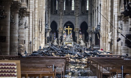 Debris inside Notre Dame Cathedral after a fire