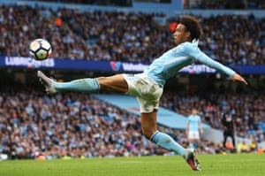 Leroy Sané stretches to control the ball. Sane has scored five goals from just seven shots on target in all competitions for Man City this season.