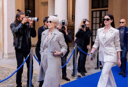A scene from The Devil Wears Prada 2 with Meryl Streep, Anne Hathaway and Stanley Tucci