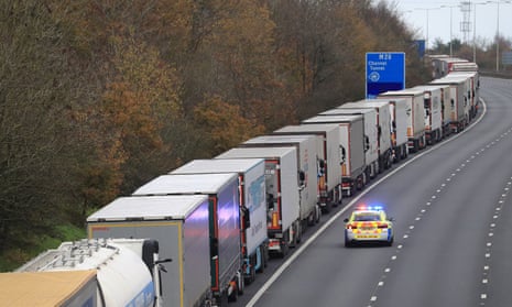 Freight lorries queueing along the M20 in Kent waiting to access the Eurotunnel terminal in Folkestone.