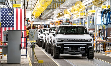 Hummer electric vehicles on the production line in Detroit, Michigan