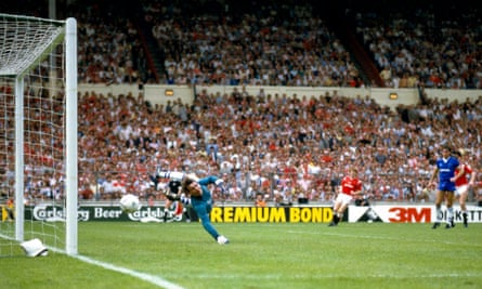 Southall is beaten by Norman Whiteside’s shot in extra time at Wembley in 1985 as Manchester United won the FA Cup final 1-0.