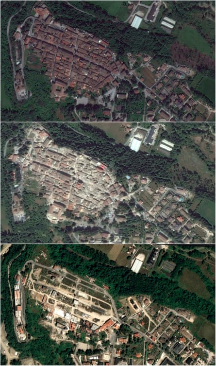 Composite image of satellite images that show how the town looked before, after, and much later