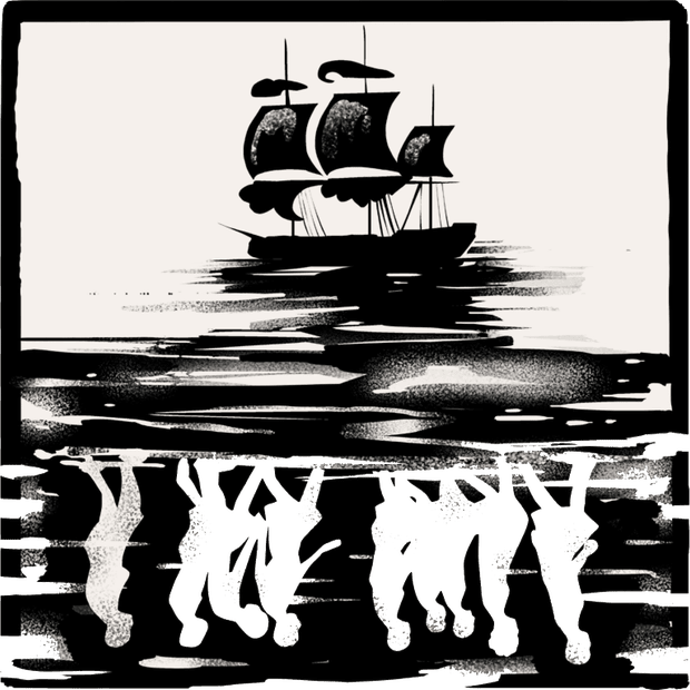 An illustration of a tall ship with African enslaved people in the reflection below