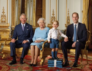 2015: Prince George stands on foam blocks in the white drawing room at Buckingham Palace during a Royal Mail photoshoot for a stamp sheet to mark the 90th birthday of Queen Elizabeth II