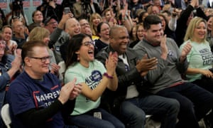Supporters applaud as Senator Elizabeth Warren holds an event at her campaign field office in North Las Vegas.