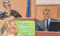 A pastel sketch on sepia paper shows three middle-aged white men: a judge looking down from a dias, resting his cheek on his hand; a man in the witness box looking beyond a screen; and what appears to be Donald Trump, looking at the man in the witness box.