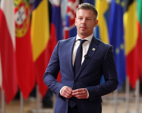 Hungarian prime minister Péter Magyar arrives for a European Council summit in Brussels, Belgium.