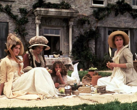 Kate Winslet, Gemma Jones, Myriam François and Emma Thompson in Sense and Sensibility, wearing period clothing, sitting on a blanket having a picnic