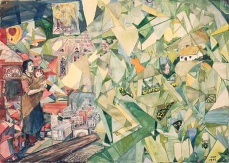 Abstract work in greens and pinks with house in one corner and woman and baby in another