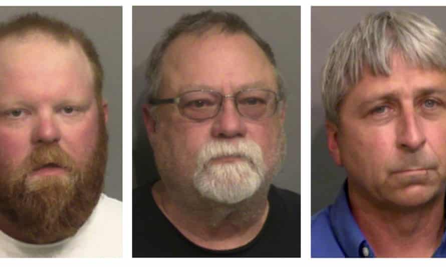 Combo of booking photos provided by the Glynn county detention center, shows from left, Travis McMichael, his father Gregory McMichael, and William ‘Roddie’ Bryan.