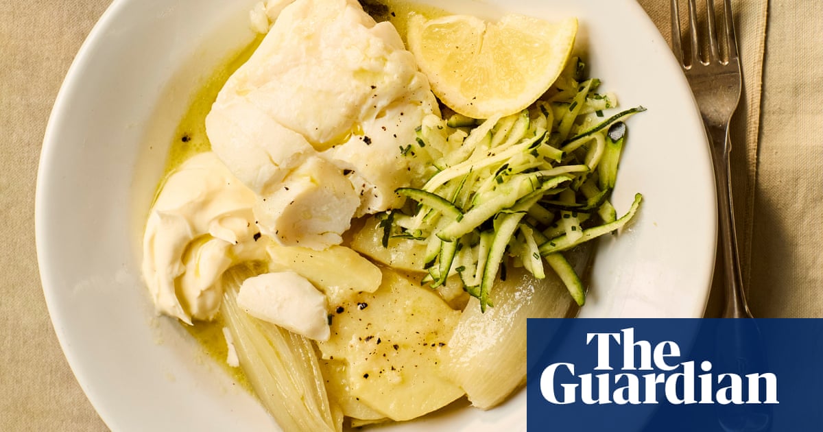 Kitty Coles' recipes for lemon- and oil-poached fish and cucumber and yoghurt salad