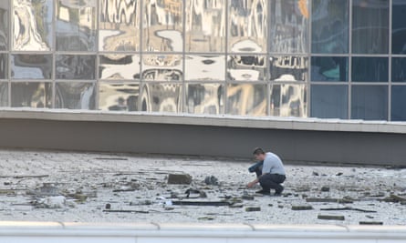 Security forces inspect at the scene after a skyscraper attacked by a drone for the second time in two days in Moscow, Russia on 1 August 2023.
