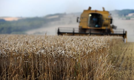 A combine harvester making it’s way along a field of wheat in East Norton in Leicestershire.