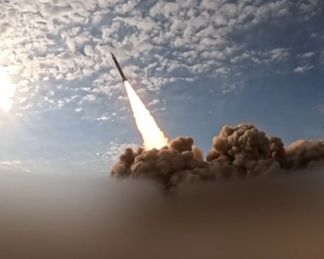 A video grab from what Iran’s state broadcaster said was a phase of the 82nd wave of missiles launches against Israel and US bases in the UAE and Kuwait