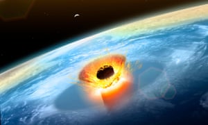 Illustration of a large asteroid colliding with Earth on the Yucatan Peninsula in (what is modern day) Mexico.