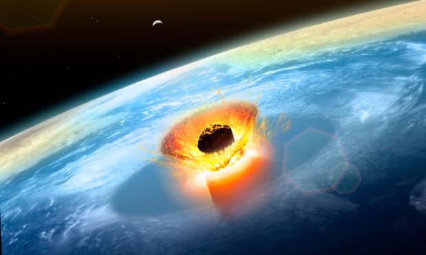 An artist’s impression of a large asteroid colliding with Earth in an event that helped to wipe out the dinosaurs 66m years ago