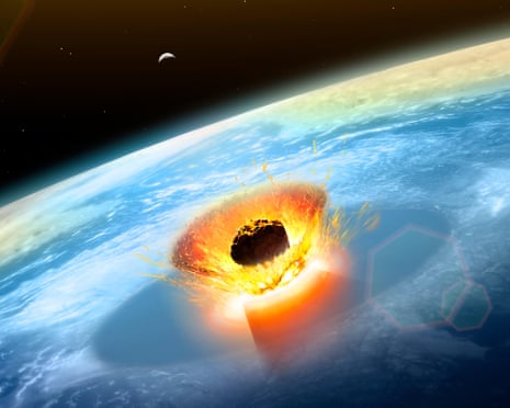 An illustration of a large asteroid colliding with Earth
