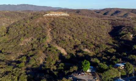 View of the hill with the name of Badiraguato community in Sinaloa, Mexico.