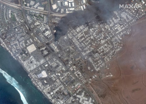 A satellite image shows an overview of an area in Lahaina, Maui.