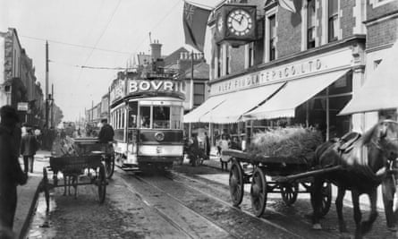 Electric Tram in Dublin, c1906.A street scene showing an electric tram and horse drawn wagons. The Town, Dun Laoghaire, Dublin. (Photo by Past Pix/SSPL/Getty Images)