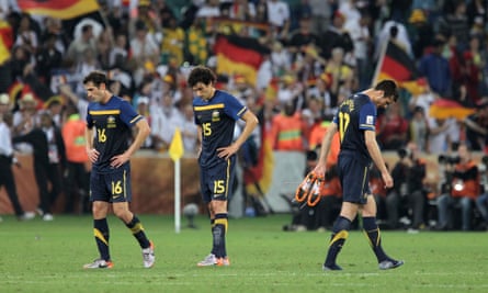 Mile Jedinak, Carl Valeri and Nikita Rukavytsya after defeating Germany at the 2010 World Cup.