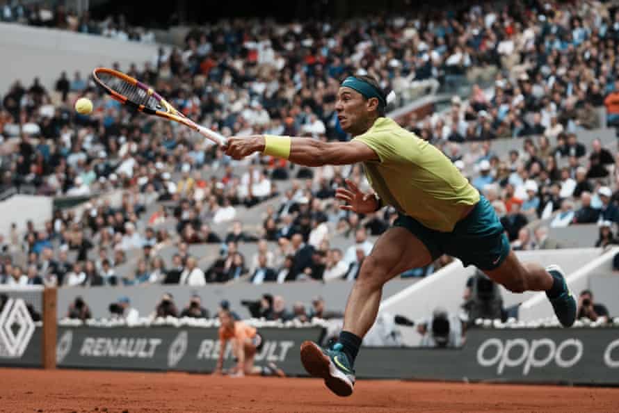 Rafael Nadal plays a shot against Jordan Thompson during their first round match.