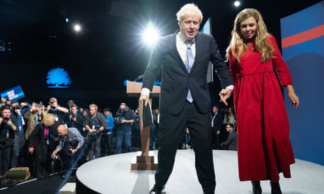 Boris Johnson is joined by his wife, Carrie, on stage after delivering his keynote speech at the Conservative party conference.