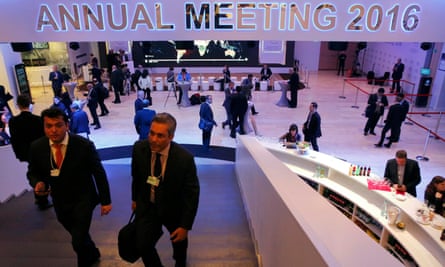 Dark suits and low-toned hubbub. Inside the conference centre in Davos