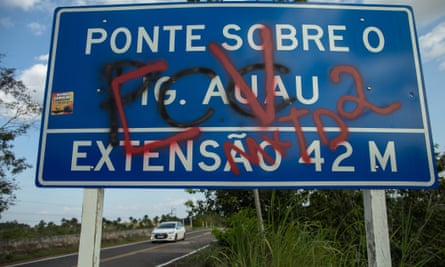 PCC graffiti has been sprayed onto road signs on a remote Amazon highway leading to the country’s biggest Indigenous territory.