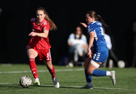 Amy Rodgers of Nottingham Forest breaks away from Durham’s Tyler Toland during the Barclays Women’s Super League 2 match at Maiden Castle Sports Park in October.