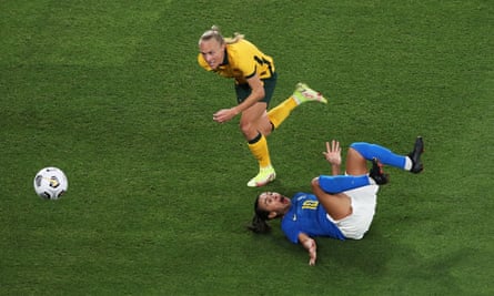 Tameka Yallop leaves Marta on the turf during Australia’s game against Brazil last month.