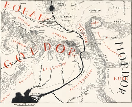 The map of Gondor and Mordor drawn by Christopher Tolkien for The Return of the King, 1955.