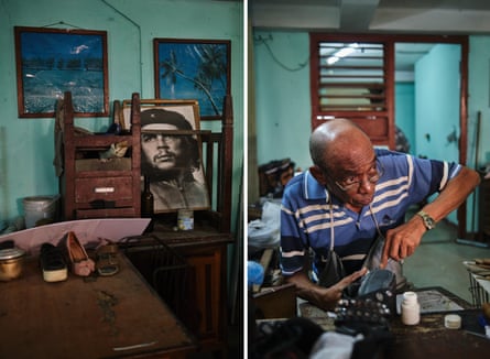 one of a table with some shoes on it in front of a propped-up poster of Che Guevara; and in the other a man bends over to work on a shoe