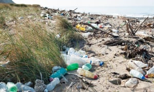 Plastic bottles and other rubbish washed up on a British beach