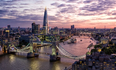 Aerial view of the Shard and London Bridge from the north bank of the Thames at sunset