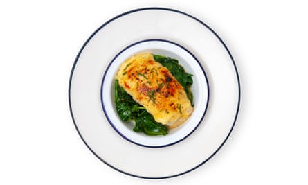 ‘Glazed with a toasted layer of tart cheddar’: haddock.