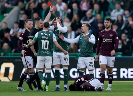 Felix Passlack is in disbelief after being sent off for Hibernian