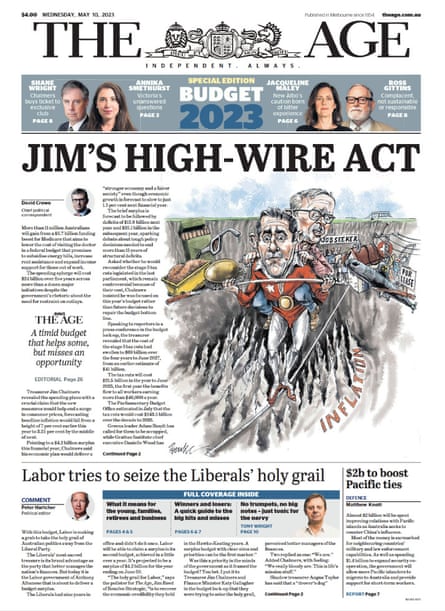 The Age’s front page featured Chalmers and Albanese as a high wire act
