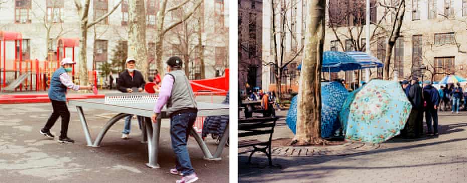 Left: three people play ping-pong outdoors; Right: Three large blue umbrellas shading people in a park