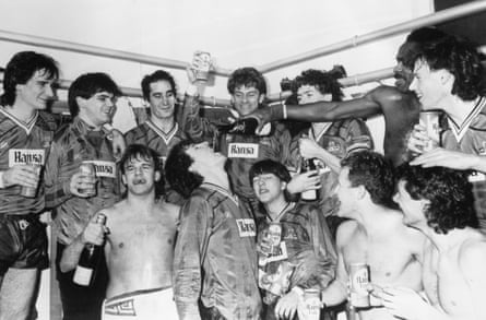Keith Houchen celebrates with his York City teammates after knocking Arsenal out of the FA Cup in 1985.