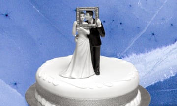 Black-and-white image of wedding cake with bride and groom figurine against a blue background