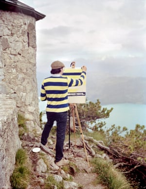 Photographs of paintings being made in the Austrian Alps copying the colours of his knitwear by Berlin-based photographer Fabian Schubert and artist Hank Schmidt in der Beek in a series called Und im Sommer tu ich malen (“ And in summer I do paint ”)